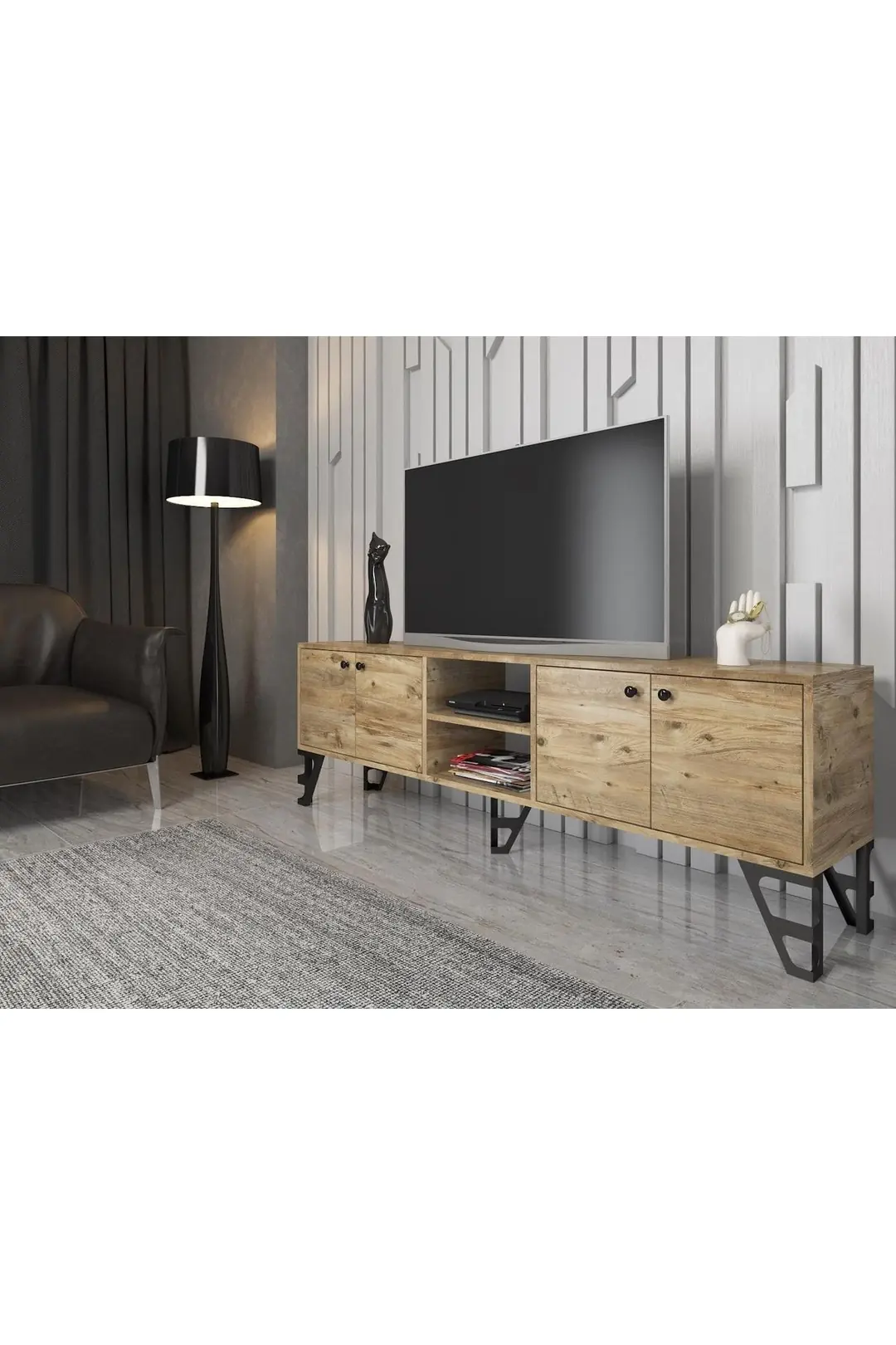 Sofia 180 Cm Metal Ayaklı Tv Ünitesi - Atlantik Çam / Siyah